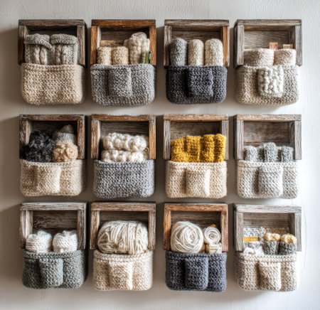 An overhead shot reveals an arrangement of wooden boxes, each containing meticulously crafted crochet items. The handmade pieces display a range of neutral colors and textures, filled with yarn and crocheted containers. The lighting emphasizes the details of each item. Suitable for illustrating crafts, home decor, or handmade goods.の素材