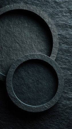 This image showcases an abstract arrangement of dark, circular shapes on a textured surface. The composition features overlapping circles with varying sizes and a rough, natural appearance. The image's color palette primarily consists of shades of gray and black. Suitable for various design applications, potentially for digital backgrounds or marketing materials.の素材