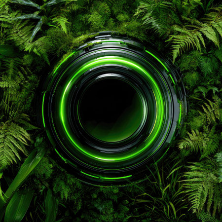 An overhead shot showcases a futuristic, illuminated circular object set amidst lush green foliage. The object displays glowing green lines and central darkness, which creates depth. The composition highlights a blend of nature and technology. Suitable for various design applications, it also lends itself to commercial projects and digital content.の素材