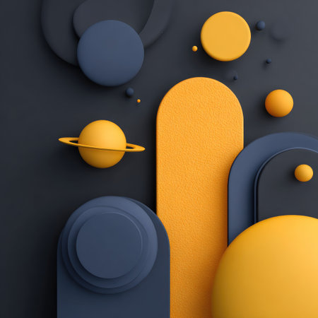 This abstract composition features various geometric forms including spheres, arches, and planetary elements. The color palette includes shades of blue and gold set against a dark backdrop. The design employs a 3D rendering style with soft shadows, suggesting digital artwork appropriate for diverse commercial and design applications.の素材