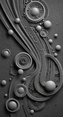 An abstract composition features flowing lines and various spheres in a grayscale palette. The image showcases textures, patterns, and depth with consistent lighting. This artwork might be suitable for use in design projects, advertising, or as visual elements within larger concepts, promoting a sense of elegance.の素材