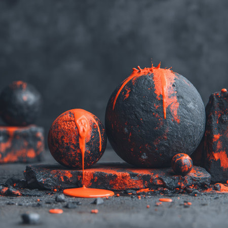 This image presents several spheres with a dark color, marked by bright red paint drips. The composition includes textured surfaces and a dark grey background, creating a dramatic visual contrast. The style suggests a modern, artistic approach, potentially suitable for design, advertising, or conceptual projects.の素材