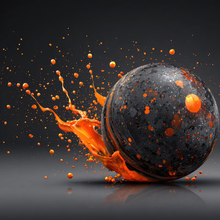 An artistic depiction showcases a dark sphere amid a vibrant orange explosion. The composition features a dynamic splash, creating a contrast against the dark background. The scene suggests movement and energy, possibly usable for design, advertising or visual projects. The use of light and shadow provides depth and dimension.の素材