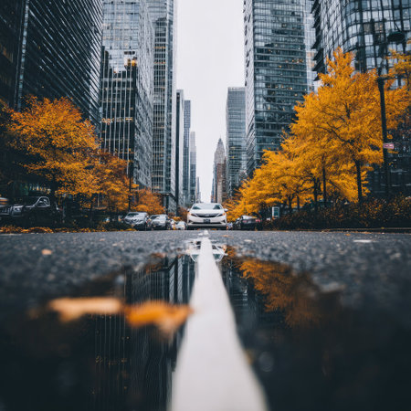 A low-angle view showcases a city street, featuring a white car on the road and buildings on both sides. Autumn trees display yellow leaves, enriching the urban setting. The composition includes reflections and a central road line, suitable for various commercial or editorial visual projects.の素材