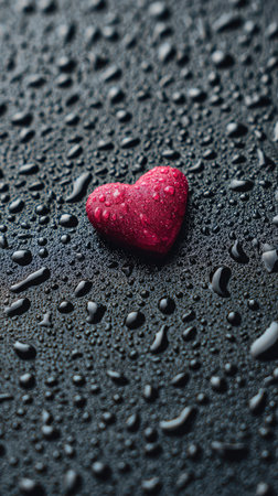 A heart-shaped object, possibly a candy, rests on a dark, wet surface. The image is taken at a close angle, emphasizing the texture of the heart and the water droplets. The lighting is diffused, casting soft shadows. This could be useful for projects related to romance or Valentine's Day.の素材