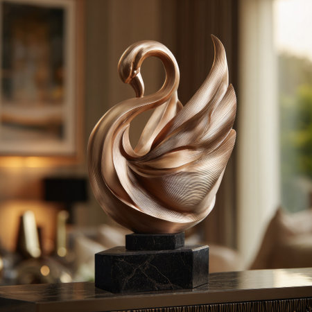 A bronze sculpture of a swan, gracefully posed, rests on a dark rectangular base. The artwork displays a flowing, curvilinear form with a metallic finish, and detailed textures. The composition appears indoors, utilizing natural lighting. This sculpture is suitable for artistic and decorative applications.の素材