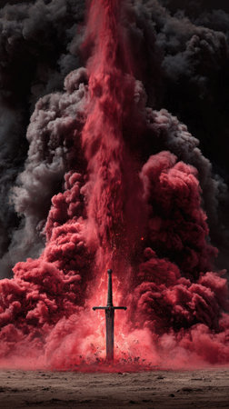 A symbolic image presents a sword emerging from a column of dense, crimson smoke. The composition features contrasting black smoke in the background, set against an environment of earth tones. This dramatic visual could be suitable for fantasy themes or conceptual projects, offering versatility for editorial and commercial use.の素材
