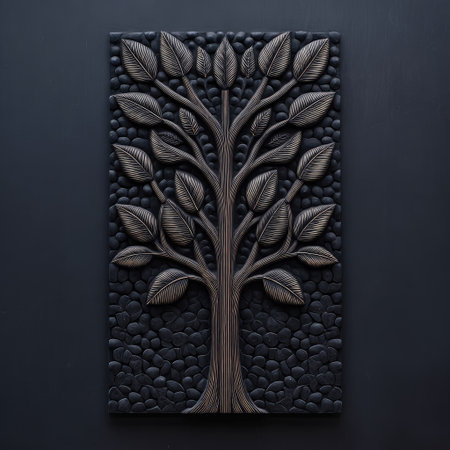 A detailed tree relief is depicted against a dark background. The artwork features a central trunk with branches and leaves. The piece exhibits a textured appearance with subtle variations in color, creating visual depth. Suitable for various applications, this image can be used in design projects or as an artistic element.の素材
