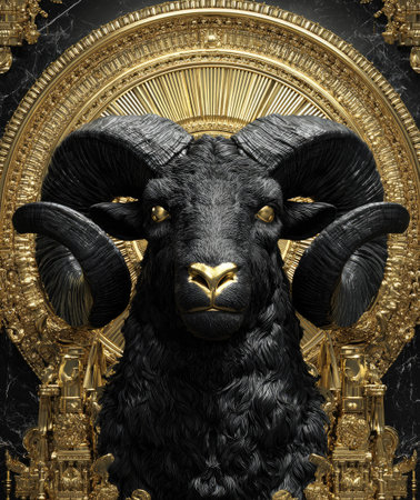 A close-up of a black ram, its face and horns detailed with intricate textures, is set against a backdrop of golden design elements. The image exhibits a striking contrast between the dark animal and the luminous gold. This studio-style composition could be used for various commercial projects and editorial needs.の素材
