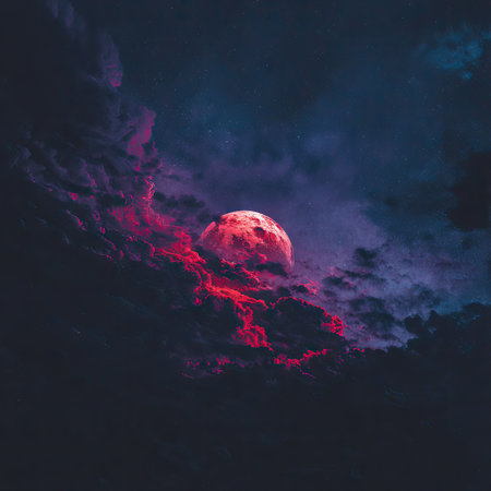 An image captures a celestial scene featuring a prominent red moon. Dark clouds envelope the moon with a dramatic effect. The overall color palette is dominated by deep blues and reds. Suitable for use in various creative and design projects, the image conveys a sense of mystery and cosmic beauty.の素材