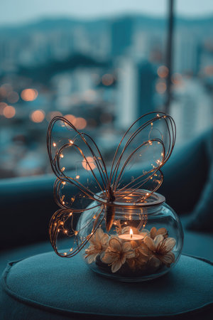 A glass jar holds a lit candle, surrounded by flowers and illuminated by small lights. The jar is decorated with wire butterfly wings. The composition features a shallow depth of field, with soft focus on a city backdrop, suggesting an indoor evening setting. This image could be used for decorative, atmospheric, or conceptual projects.の素材