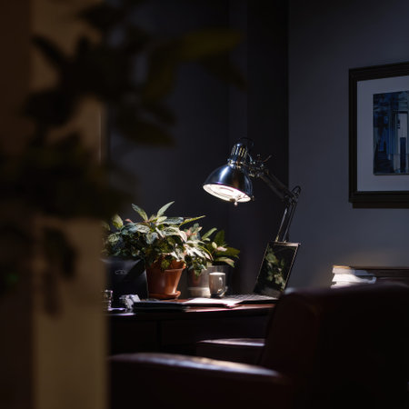 An interior shot features a desk lamp highlighting potted plants and a stack of books on a desk. The scene is set in a dimly lit environment with dark tones and selective lighting. It has a focused composition with soft textures. This image could be used for various editorial and commercial applications.の素材