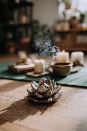 A close-up captures an incense burner with rising smoke, placed on a wooden surface. The composition features soft focus candles and a wooden bowl in the background. The warm lighting enhances the scene, making it suitable for various commercial uses. The image suggests a sense of peace and tranquility.の素材