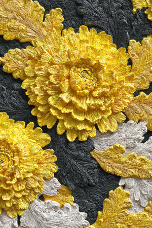 This image showcases a detailed view of a stylized floral arrangement, primarily featuring yellow and white blooms against a textured, dark background. The composition highlights the textured petals and leaves with contrasting tones, suggesting a crafted or artistic element. This image may be suitable for various uses including design, decoration, and editorial content.の素材