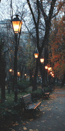 An outdoor evening scene depicts a park pathway lined with lit lampposts. The image showcases wooden benches and trees, creating a serene ambiance. Warm lighting contrasts with the cool tones of the environment. Suitable for editorial and commercial applications, the image evokes a sense of tranquility.の素材