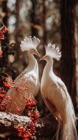 Two white peacocks stand in a natural environment featuring autumn colors and soft lighting. The birds showcase intricate feather details with their crests prominently displayed. The composition, featuring bokeh, hints at outdoor settings. This image is suitable for various commercial uses, including artistic designs and decorative projects.の素材