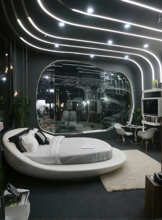 This image showcases a modern bedroom with unique design elements. The room features a white, circular bed, complemented by minimalist furniture. Overhead, curved lighting illuminates the space. The composition hints at a contemporary living environment, potentially suited for commercial interior design or lifestyle applications.の素材