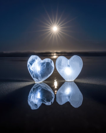 Two illuminated heart-shaped objects are presented with their reflections, set against a dark ocean scene with the moon. The composition displays strong symmetry, with a sense of wonder and calm. Suitable for various creative projects, this image captures the essence of romance and serenity.の素材