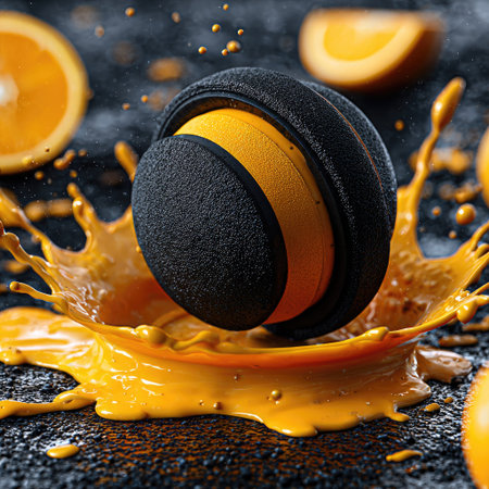 A close-up captures a stylized black headphone plunged into a vibrant splash of orange juice. The image showcases high-contrast lighting and a dark background, emphasizing the splash's dynamic form and bright color. Suitable for advertising, design projects, and conceptual imagery, the scene evokes freshness and a sense of fun.の素材