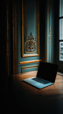A laptop rests on a polished wooden surface, illuminated by natural light from a nearby window. The scene features detailed wall paneling with ornate gold accents and a rich, deep teal color. This image showcases a blend of technology and classic design, suitable for various commercial projects and editorial content.の素材