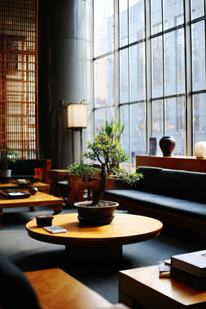 An indoor setting features a bonsai tree on a round table, complemented by seating and large windows. The scene employs natural lighting, enhancing the details of the plants and furniture. This image is suitable for various commercial uses, including website design and editorial content.の素材