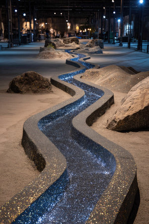 An interior shot showcases a stylized water feature meandering across a sand-covered floor. The riverbed is a dark, smooth material, and the water is illuminated with cool blue light. The composition features large rocks and a background of indistinct architecture. This image could be used for architectural or design publications.の素材