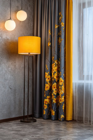 An interior shot showcases a standing lamp with a yellow lampshade beside a patterned curtain. The curtain features a floral design, with gray and yellow colors dominating the scene. The composition is well-lit and likely captures an indoor setting. This image is suitable for various design, decorative, and editorial applications.の素材