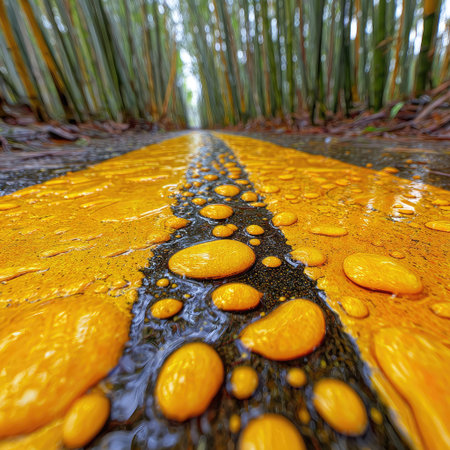 A close-up view presents a wet road freshly painted with vibrant yellow stripes. Water droplets glisten, reflecting light. The scene is framed by a dense bamboo forest with tall, green trees. This image is suitable for illustrating travel, nature, or environmental themes in various commercial applications.の素材