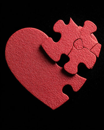 A red heart shape is depicted with a missing jigsaw puzzle piece, against a solid black background. The image presents a flat, graphic style with a focus on color contrast and texture. Potential uses include designs related to relationships, health, and concepts of wholeness.の素材