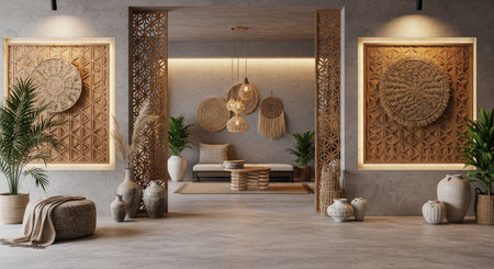 Interior of modern living room with wooden and concrete walls, concrete floor, 3d renderの素材