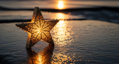 Christmas star on the beach at sunset. Christmas and New Year conceptの素材