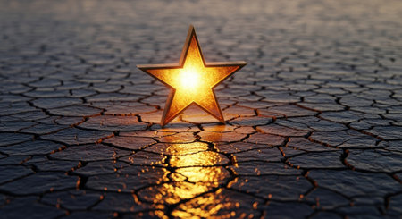 Golden star on cracked ground background. 3d illustration. Concept of global warming.の素材