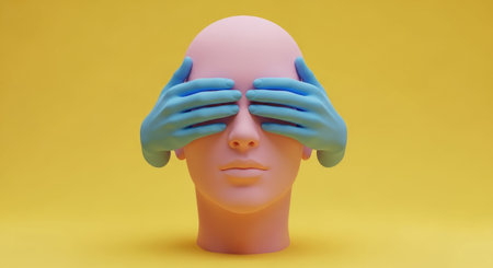 Mannequin head with blue rubber gloves on yellow background. 3d renderingの素材