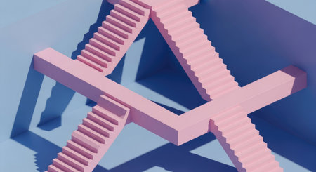 Abstract minimal geometric background with stairs. 3D render illustration. Square composition.の素材