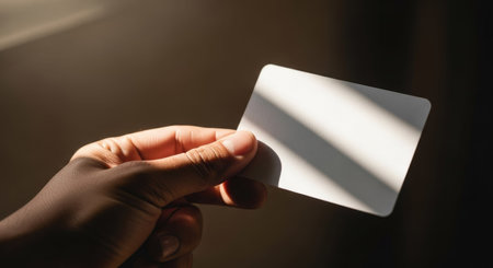 Close-up of a man's hand holding a blank business cardの素材