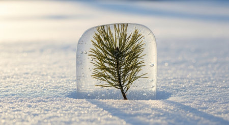 Pine tree in a glass block in the snow. Close-up.の素材