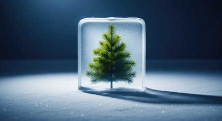 Pine tree in ice cube on snow. 3D rendering.の素材