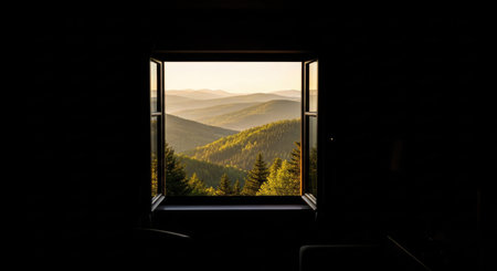 View from the window of a mountain house in the evening light.の素材