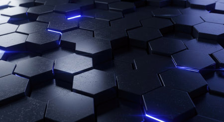 3d illustration of abstract geometric hexagonal background with blue neon lightsの素材