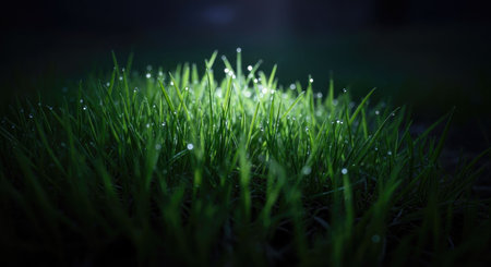 fresh green grass with dew drops in the early morning on a dark backgroundの素材