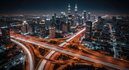 Chicago downtown skyline aerial view at night, Illinois, United States.の素材