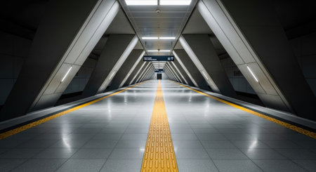 3D rendering of a corridor in a subway station with yellow linesの素材