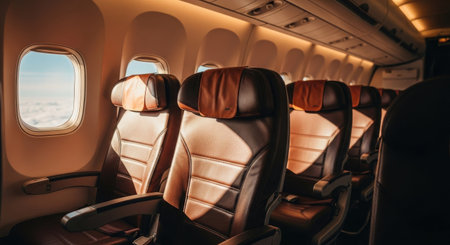Airplane interior with seats and window view. Airplane travel conceptの素材