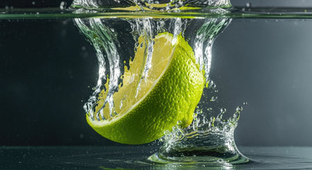 lime splashing into water on a dark background. close-upの素材