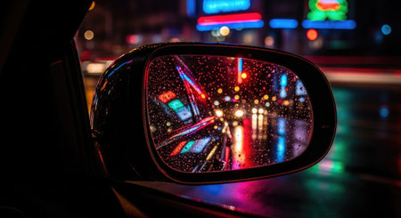 Reflection in the rearview mirror of a car at night.の素材
