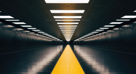 Interior of a modern underground passage with yellow and black stripes.の素材