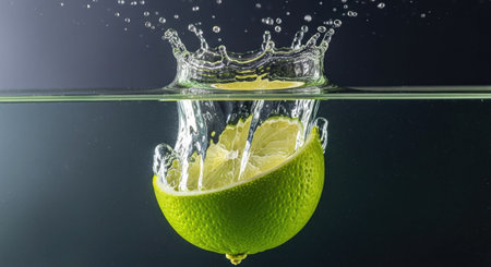 Fresh lime falling into water with splash on black background, close upの素材