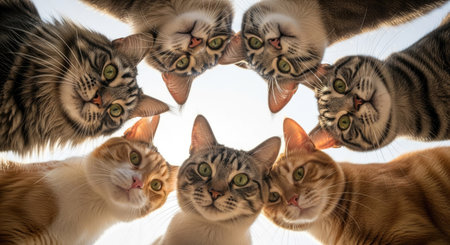Group of cats looking at the camera with their heads in the airの素材