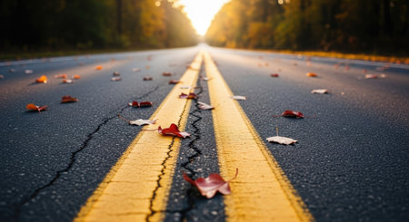Asphalt road with yellow line and fallen autumn leaves on the groundの素材