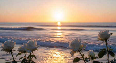 Beautiful white roses on the background of the sea and sunset.の素材